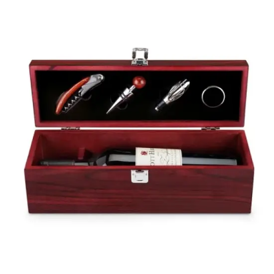 True Cherry 1-Bottle Wine Accessories Gift Set | Premium Corkscrew Opener Kit, Drip Ring, Wine Pourer, Stopper in Wood Case with Padded Insert, Brown image {8}