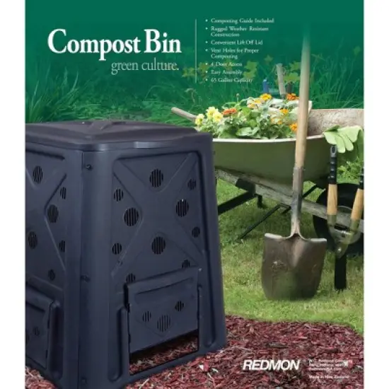 Redmon 65 Gallon Capacity Compost Bin with Snapping Lift Off Lid, 4 Door Access, and Multiple Vent Holes, for Home Gardens and Landscaping, Black image {1}