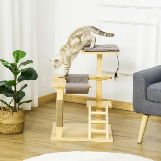 PawHut 25.5" Cat Tree Kitty Activity Center, Pinewood Climbing Toy Indoor Pet Furniture with Jute Scratching Post, Bed Perch Hanging Ladder Cushion, Natural image {2}