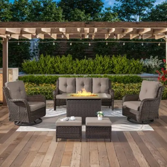 POCASSY 5-Piece Patio Furniture Set with Fire Pit Table, Brown Wicker Outdoor Fire Pit Set With Patio Sectional Sofa, Swivel Chair, Rattan Footrest image {14}