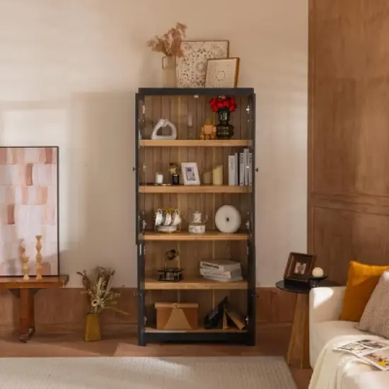 NicBex Vintage Tall Bookshelves Pantry Cabinet with Glass Doors & Adjustable Shelves,Display Buffet Cabinet for Hallways,Living Room,Kitchen image {1}