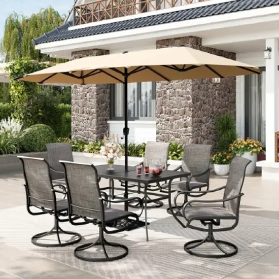 Captiva Designs 8pc Patio Dining Set with Rectangular Steel Table & Sling Swivel Chairs & Market Umbrella image {15}