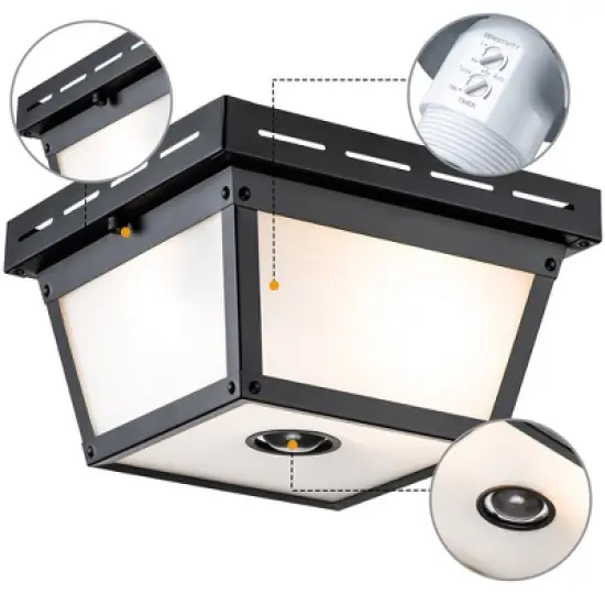 C Cattleya 2-Light Matte Black Motion Sensor Flush Mount Light with White Textured Glass image {2}