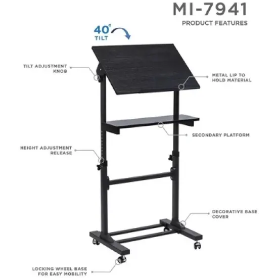 Mount-It! Mobile Stand Up Desk | Portable Podium and Presentation Lectern Height-Adjustable Multi-Purpose Standing Workstation | Black image {3}