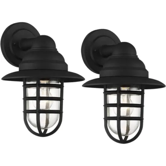 John Timberland Marlowe Rustic Industrial Outdoor Wall Light Fixtures Set of 2 Black Hooded Cage 13" Clear Glass for Post Exterior Barn image {8}