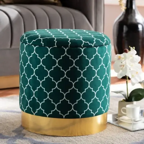 Serra Quatrefoil Velvet Upholstered Metal Storage Ottoman - Baxton Studio image {4}