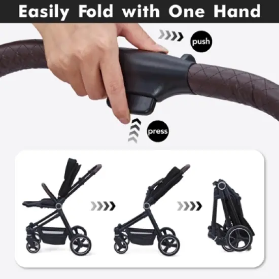 Foldable Baby Stroller, High Landscape Pushchair, Convertible Infant Pram with Reversible Backrest, Storage Basket image {6}