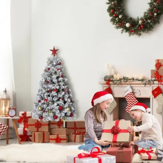 Acekool Pre-Lit Snow Flocked Artificial Tree with Warm White Lights, Small Tree with Foldable Metal Stand, Indoor Holiday Decor image {6}