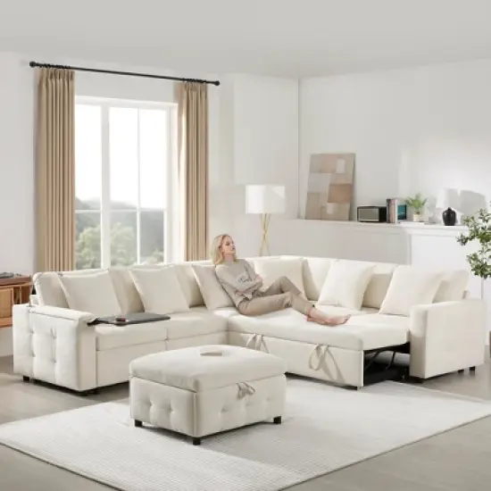 Whisen Chenille Sectional Pull-Out Sofa Bed with Flip-Up Table, Adjustable Reading Lamp, Charging Ports, Movable Storage Ottoman image {14}