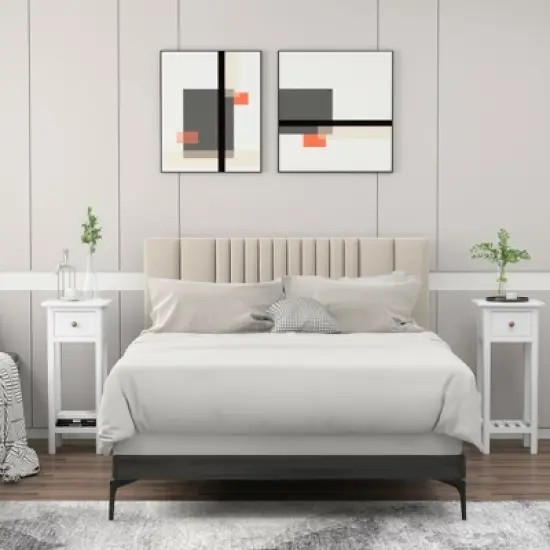 Costway 2PCS 2 Tier End Bedside Sofa Side Table with Drawer Shelf Acacia Wood Nightstand White image {2}