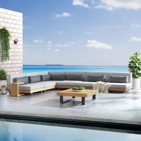 Modular Fabric Outdoor Lounge Suite Sectional Sofa Ensemble w/ TeakTone Wood Accents & Matte Metal Frame Side Table image {2}