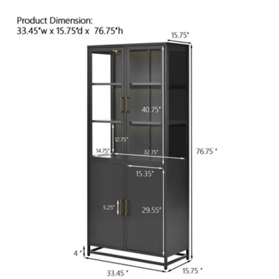 Kumasinova 77" Display Storage Cabinet with LED Lights,180&deg; View Kitchen Pantry Cabinet with Glass Doors,Metal Frame Display Cabinet for Living Room image {1}