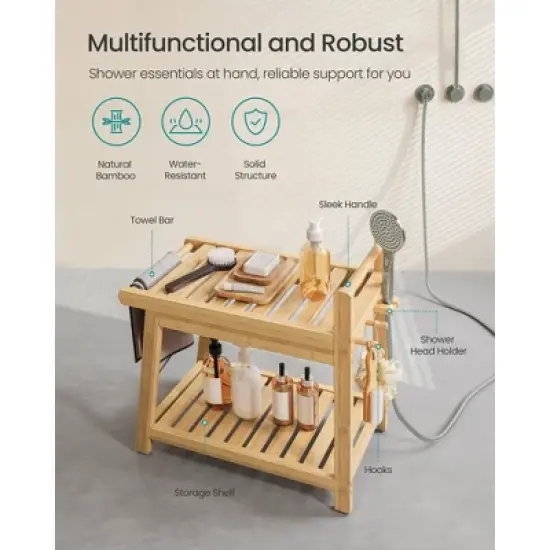 SONGMICS Bamboo Shower Bench with Storage Shelf, Water Resistant Shower Stool with Handle and Hooks, Shower Head Holder, Non-Slip Feet, Natural Beige image {2}