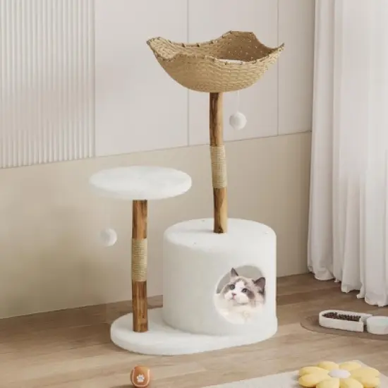 COZONY 43" Multi-Level Cat Tree Tower with Large Basket, Scratching Posts, Extended Platform & Interactive Toy Ball Stable Playhouse for Indoor Cats image {7}