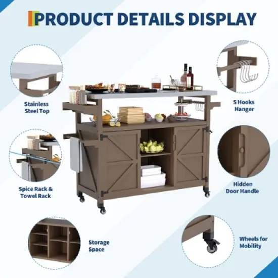 Outdoor Grill Cart with Storage Cabinet, Farmhouse Solid Wood Kitchen Island on Wheels, Outdoor Grill Table with Stainless Steel Table Top image {3}