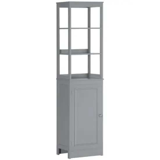 kleankin Tall Bathroom Storage Cabinet, Freestanding Linen Tower with 3-Tier Open Shelf and Cupboard, Slim Floor Organizer image {7}