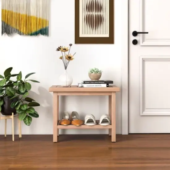 Costway 21'' Indonesia Teak Wood Shower Bench 2-Tier Waterproof Bath Spa Stool with Storage Shelf image {7}