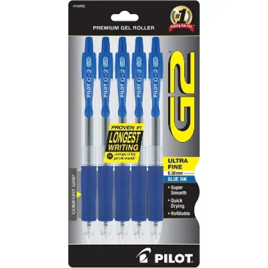 Pilot G2 Retractable Gel Pen Ultra Fine Point 0.38mm Blue Ink 5/Pack (18203) image {1}