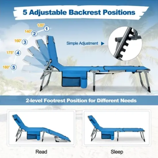 Costway Outdoor Folding Chaise 5-Position Lounge Chair with Face Hole &Adjustable Footrest Blue/Black/Beige/Navy Blue image {5}