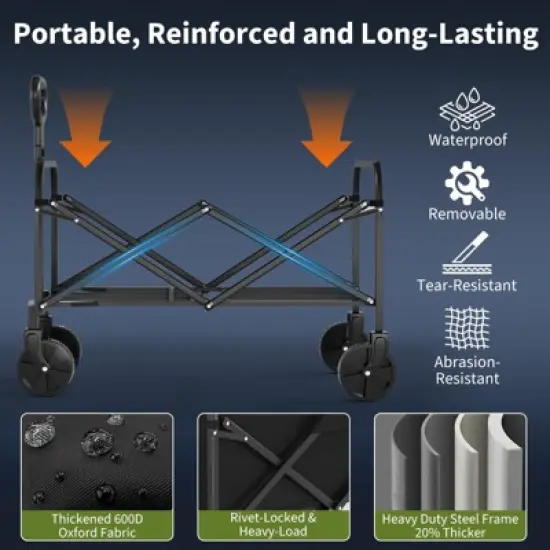 Collapsible Wagon Cart, 380 Lbs Capacity Heavy Duty Foldable Portable Camping Cart with All Terrain Wheels, Utility Beach Wagon for RV Grocery, Black image {2}