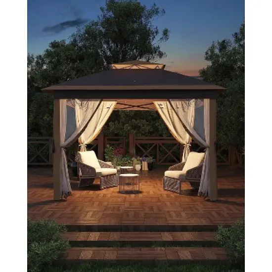 11'x11' Outdoor Metal Gazebo with Mosquito Netting & Zipper Door, UV & Water Resistant Canopy Shelter, Ideal for Backyard, Garden, Deck image {9}