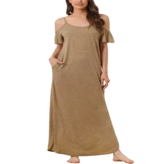 cheibear Women's Summer Cold Shoulder with Pockets Casual Maxi Maternity Lounge Dress image {7}