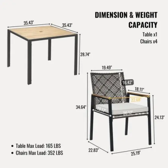 FIONECA All-Weather 5-Piece Patio Dining Set with Acacia Wood Table Top & Umbrella Hole, Coffee Brown Rattan Outdoor Conversation Set image {10}