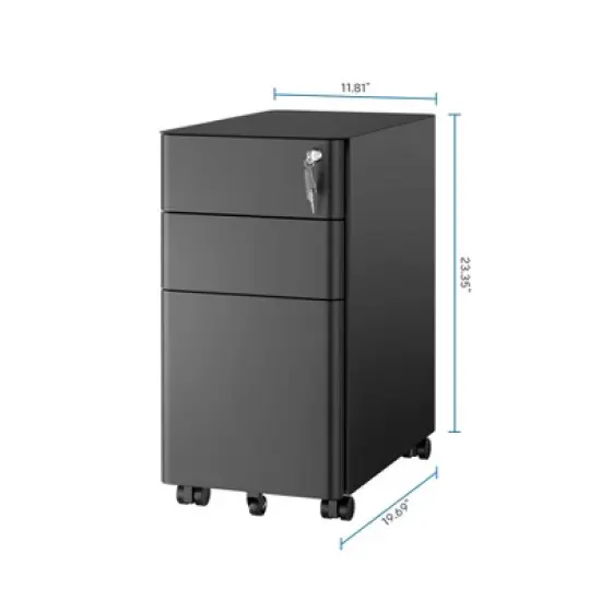 Mount-It! Mobile File Pedestal Cabinet with 3 Drawers & Lock | Slim Design Under Desk Storage & Organizer for Files, Folders & Office Supplies | Black image {8}