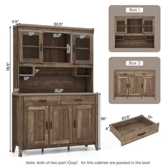 Costway Kitchen Pantry Cabinet with Microwave Countertop Double Glass Doors 2 Drawers image {2}