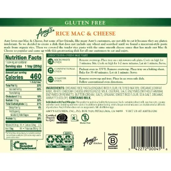 Amy's Gluten Free Frozen Rice Mac & Cheese - 9oz image {1}