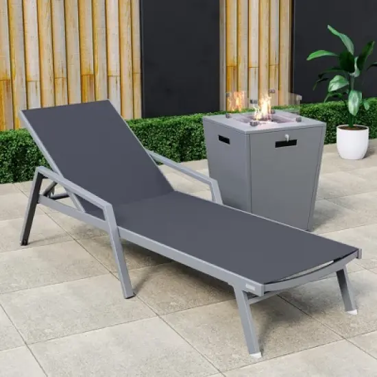 LeisureMod Marlin Modern Grey Aluminum Outdoor Patio Chaise Lounge Chair With Arms and Square Fire Pit Side Table image {1}