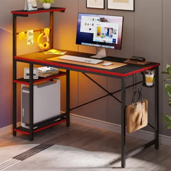 Bestier 44 inch Gaming Desk with RGB LED Light&ndash;Reversible 4-Tier Storage Shelves, Hooks, Cup holder and Magnets image {7}