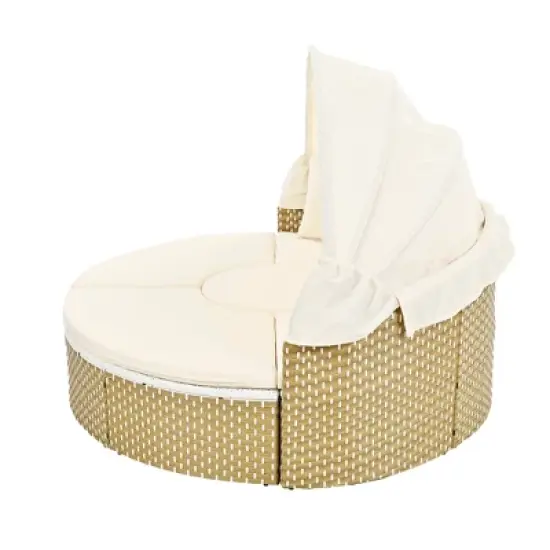 TIRAMISUBEST Round Patio Sectional Rattan Daybed w/ Retractable Canopy,Two-Tone Weave,Separate Seating&Removable Cushion image {14}