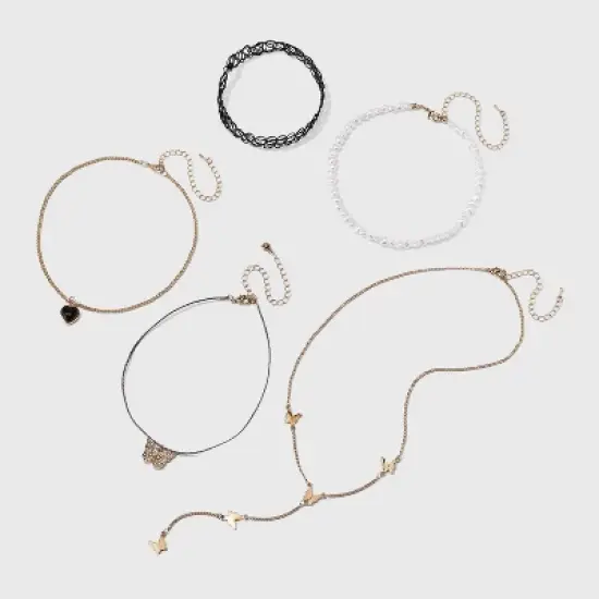 Butterfly and Pearl Heart Choker Necklace Set 5pc - Wild Fable&trade; Gold image {1}