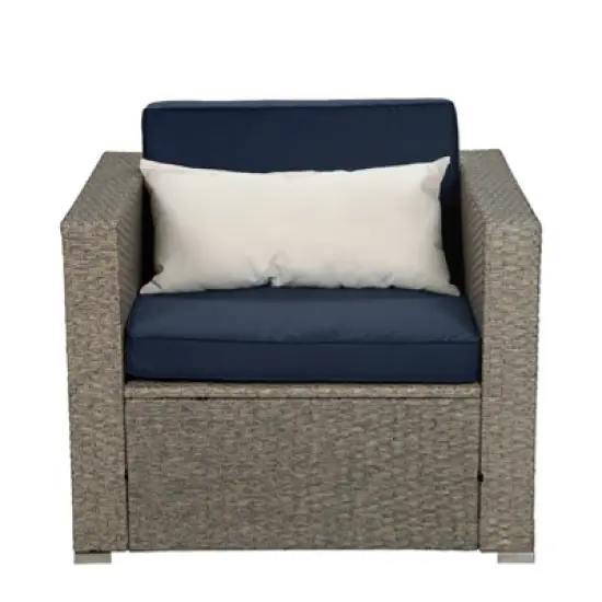 4pc Outdoor Wicker Conversation Set with Cushions - Navy/Beige - GODEER image {4}