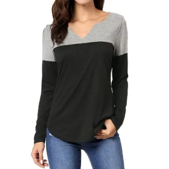 Allegra K Women's Color Block Stretch Split V-Neck T-Shirt image {1}