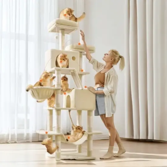 81.1 Inch Large Cat Tree Tower  with 13 Scratching Posts, 2 Perches, 2 Caves, Basket, Hammock, Pompoms - Multi-Level Plush Cat Condo for Indoor Cats image {3}
