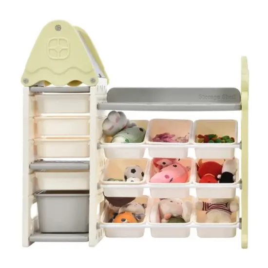 Multifunctional Toy Storage Cabinet With 14 Cubies, Kids Toy Organizer For Nursery Kids Toddler Room Playroom-Green/Grey image {6}