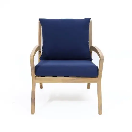 LuxenHome Outdoor Acacia Wood Side Table and Set of 2 Armchairs with Blue Cushions image {4}