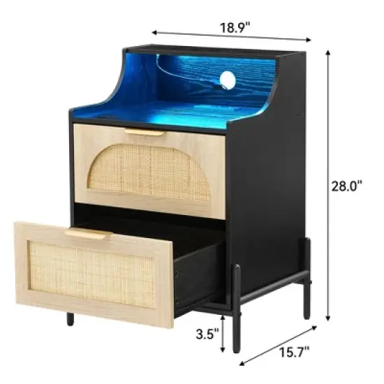 ODK Rattan Nightstand, Modern Bedside Table, End Table Night Stands with 2 Drawers, Sturdy Metal Legs, Modern Storage Night Stand for Bedroom image {2}