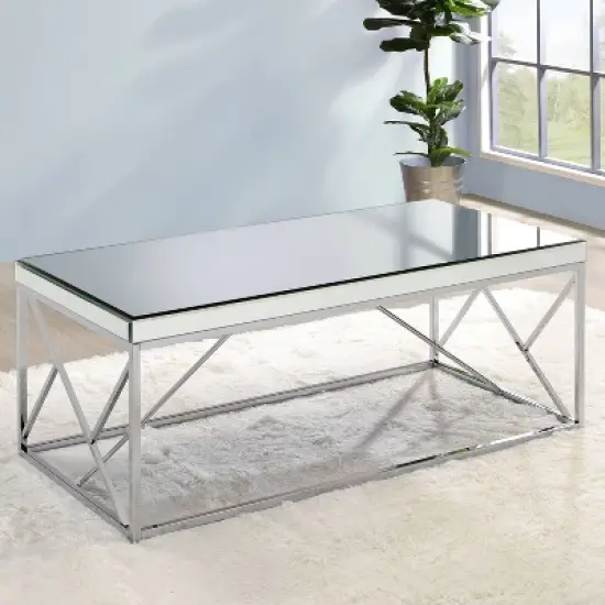 Evelyn Mirror Top Cocktail Table Chrome - Steve Silver Co.: Geometric Iron Base, Rectangle Shape image {1}