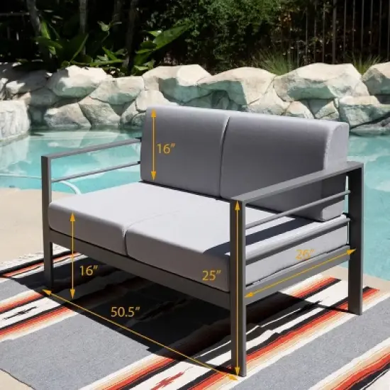 Patio Aluminum Outdoor Loveseat, Patio Sofa Couch Chair with Cushions (Grey) image {5}