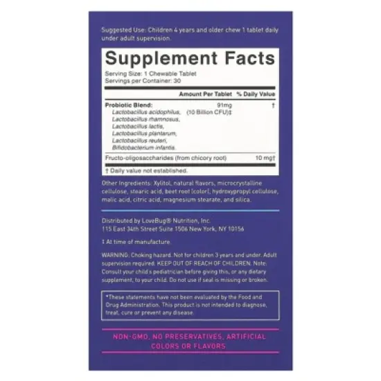LoveBug Probiotics Kids Probiotics, 4+ Years, Berry, 10 Billion CFU, 30 Chewable Tablets image {1}