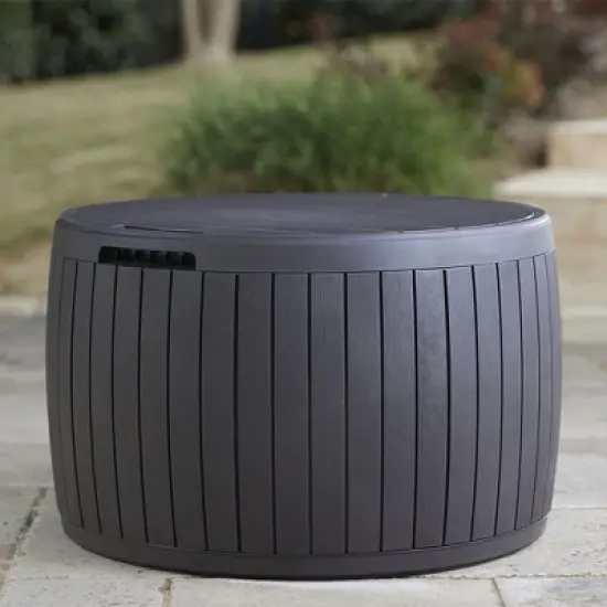 Keter Circa 3 in 1 Patio Deck Storage Box Container with Resin Wood Texture for Outdoor Table or Chair Pool Furniture Decor, 37 Gallon (Brown) image {2}