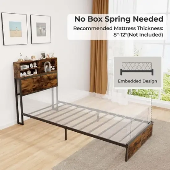 Costway Twin/Full/Queen/King Bed Frame with Charging Station Storage Headboard Under-bed Storage Space image {6}