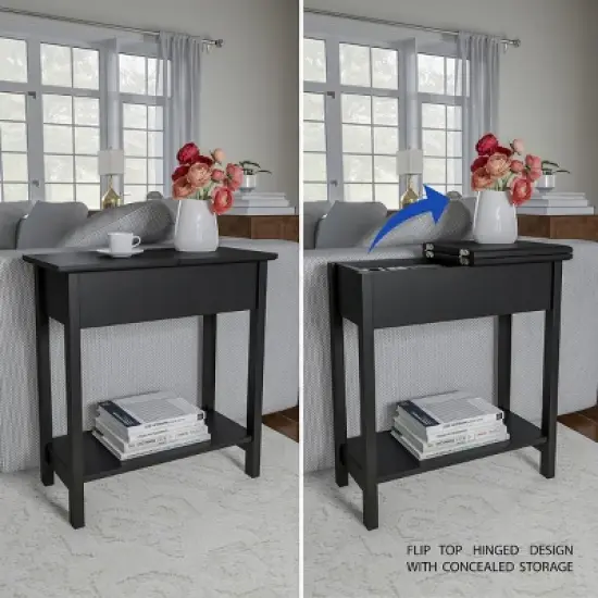Hastings Home Flip-Top End Table With Hidden Hinged Storage Compartment and Lower Shelf - Matte Black image {3}