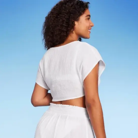 Women's Tie-Front Cover Up Short Sleeve Crop Top - Wild Fable&trade; White image {1}