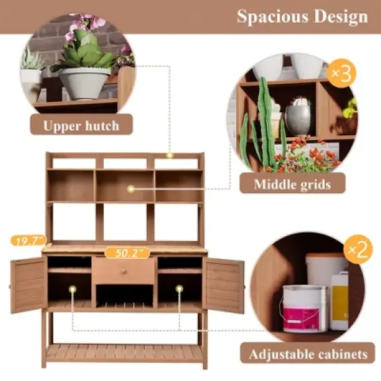 Garden Potting Bench with Hutch, 50.2" Fir Wood Gardening Workstation with Adjustable Shelves, Outdoor Planting Table for Backyard Balcony image {4}