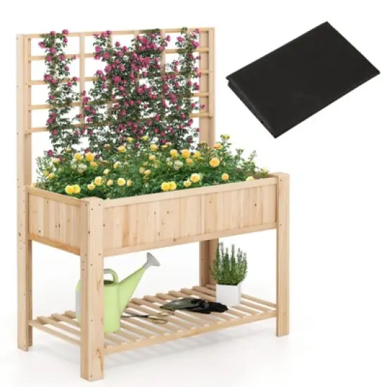 Tangkula Raised Garden Bed w/ Trellis Wooden Elevated Planter Box w/ Legs & Liner Natural image {10}