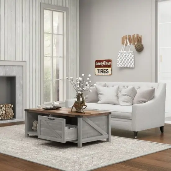 HOMCOM Farmhouse Coffee Table with Storage Drawer and Open Shelf, Rustic Coffee Table for Living Room image {5}